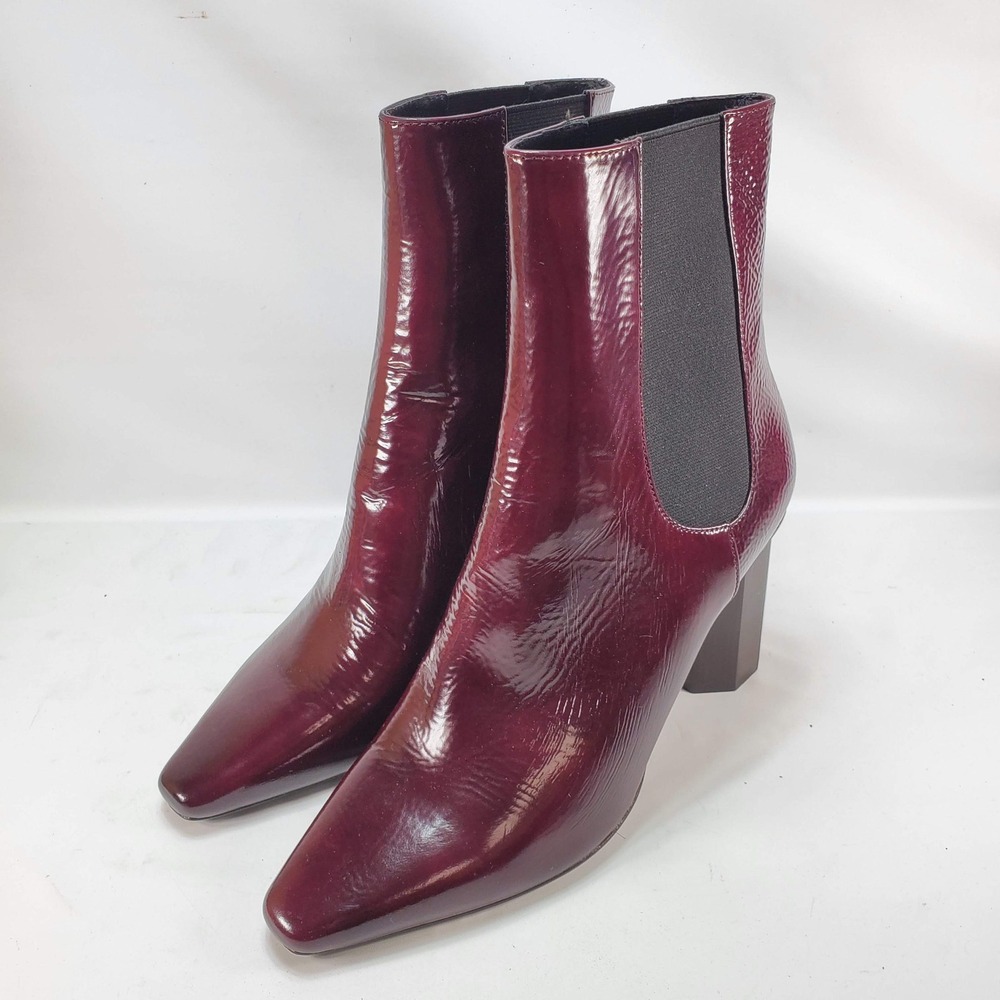 Donald Pliner Ankle Boots Women 8.5 M Burgundy Patent Leather Hexagon Block Heel